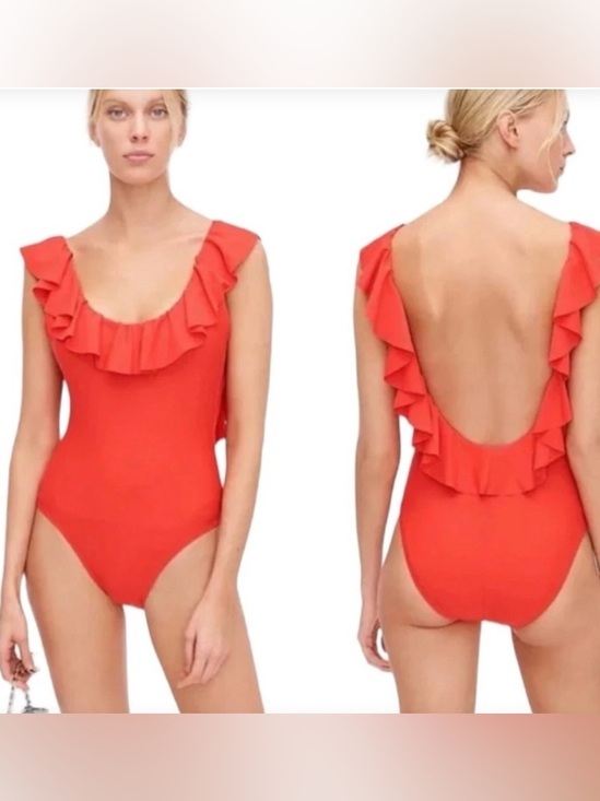 J. Crew Other - J. Crew Ruffle Scoopback Swimsuit Size 2 One Piece Red EUC